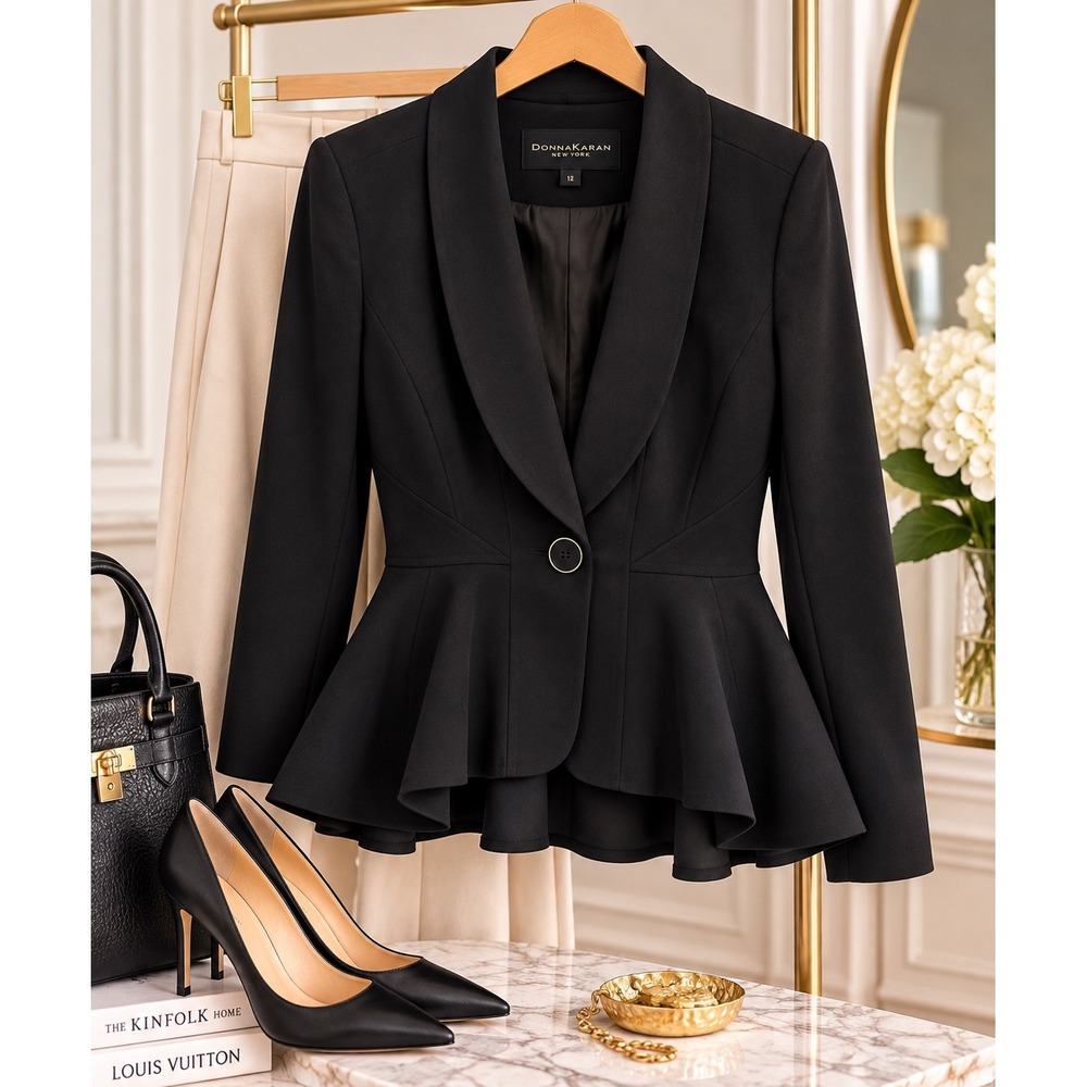 Donna Karan New York Black Peplum Blazer Size 12 Sculpted Tailored Jacket